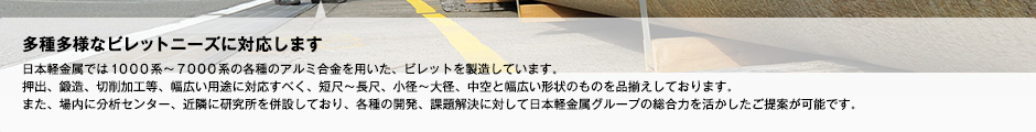 多種多様なビレットニーズに対応します　日本軽金属では１０００系～７０００系の各種のアルミ合金を用いた、ビレットを製造しています。押出、鍛造、切削加工等、幅広い用途に対応すべく、短尺～長尺、小径～大径、中空と幅広い形状のものを品揃えしております。また、場内に分析センター、近隣に研究所を併設しており、各種の開発、課題解決に対して日本軽金属グループの総合力を活かしたご提案が可能です。